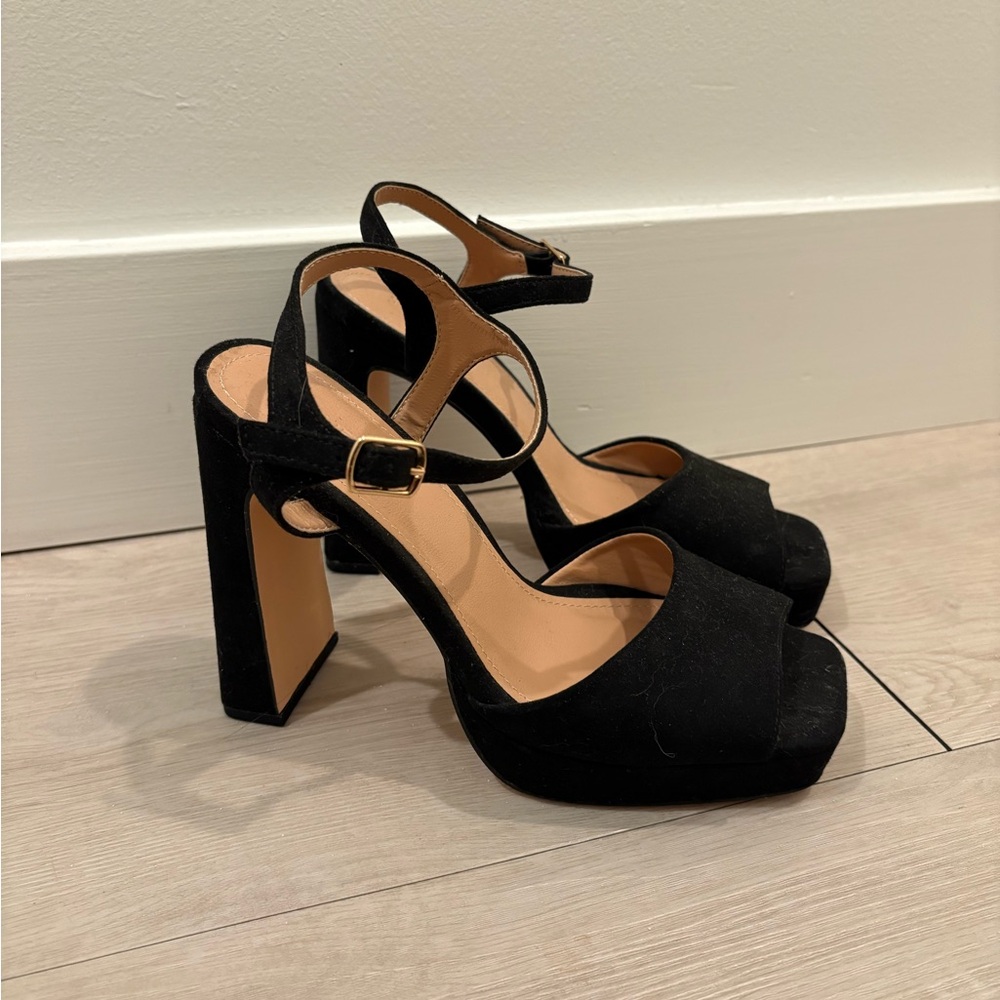 Black Suede Platform Block Heel Sandals